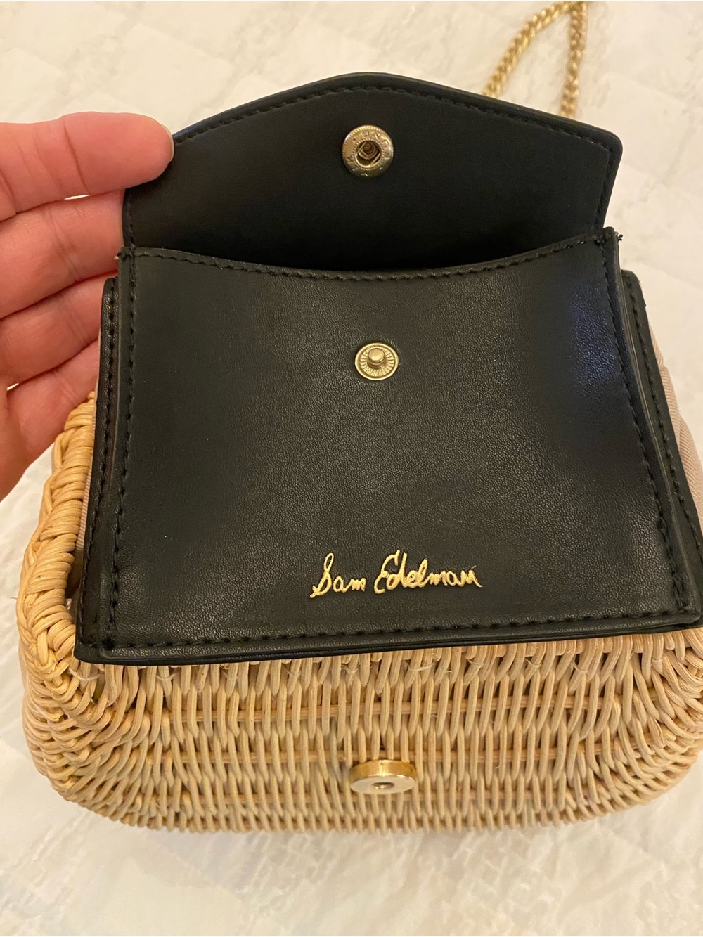 Sam Edelman Black Leather Flap Wicker Crossbody with Gold Chain - Picture 7 of 12